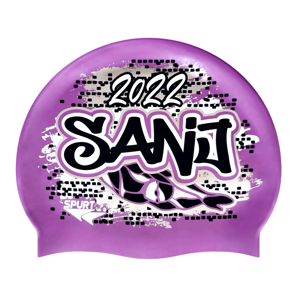 SANJ 2022 Graffiti and Diving Swimmer over Brushstrokes and Grunge with Black on SB18 Violet Spurt Silicone Swim Cap