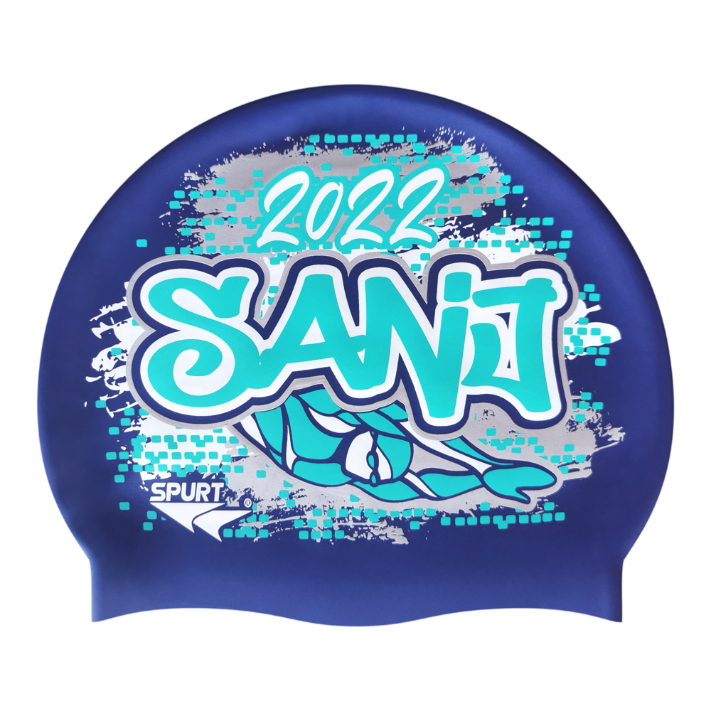 SANJ 2022 Graffiti and Diving Swimmer over Brushstrokes and Grunge with Aqua on SD16 Metallic Navy Spurt Silicone Swim Cap