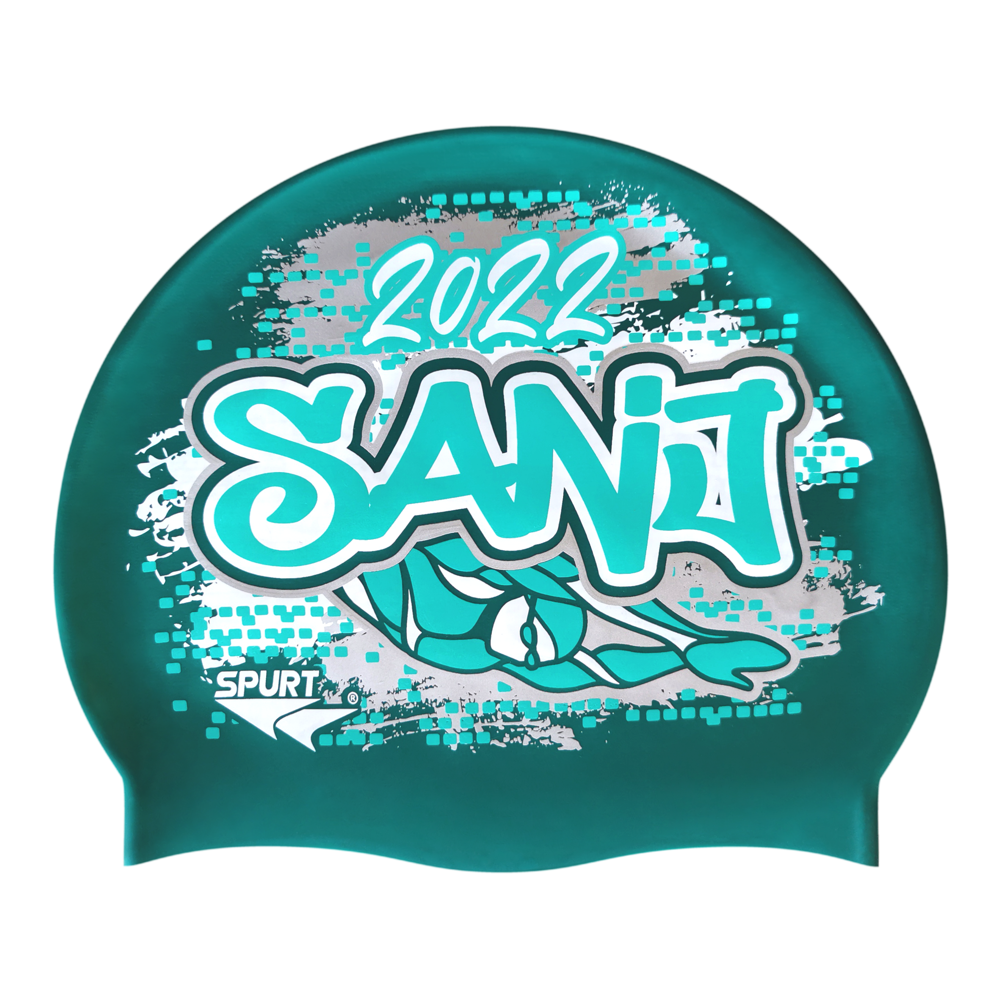 SANJ 2022 Graffiti and Diving Swimmer over Brushstrokes and Grunge with Aqua on SH82 Teal Spurt Silicone Swim Cap