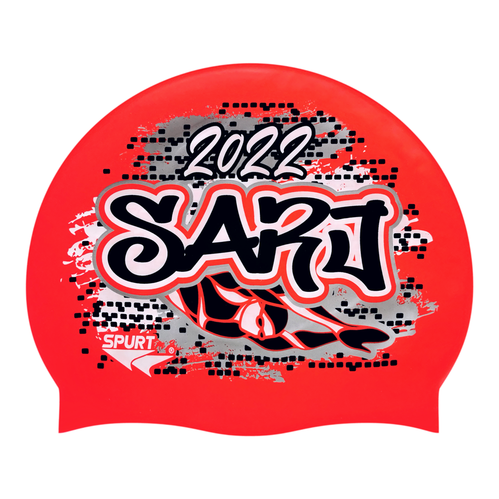 SARJ 2022 Graffiti and Diving Swimmer over Brushstrokes and Grunge with Black on F214 Neon Coral Spurt Silicone Swim Cap