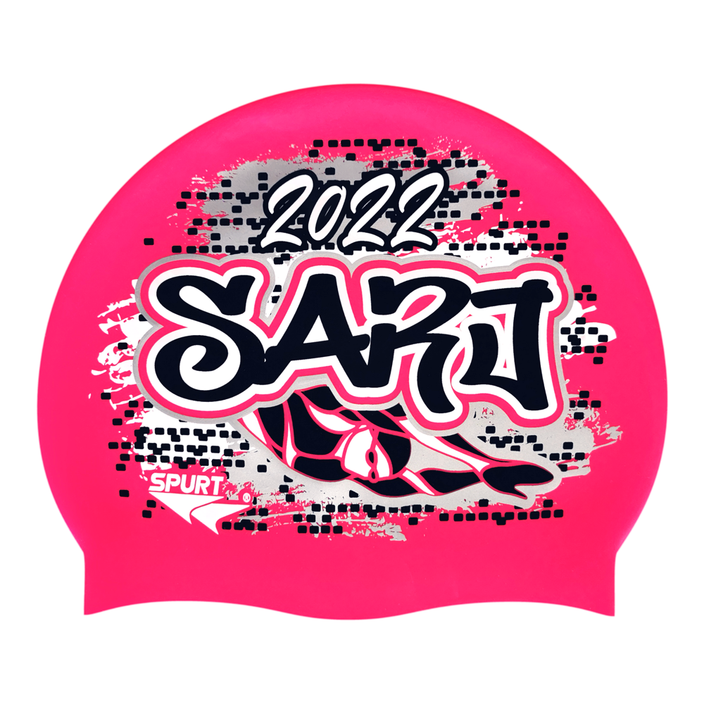 SARJ 2022 Graffiti and Diving Swimmer over Brushstrokes and Grunge with Black on F215 Bright Pink Spurt Silicone Swim Cap