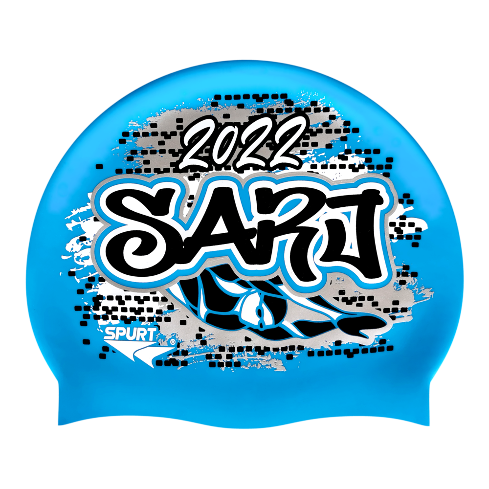 SARJ 2022 Graffiti and Diving Swimmer over Brushstrokes and Grunge with Black on F218 Sky Blue Spurt Silicone Swim Cap