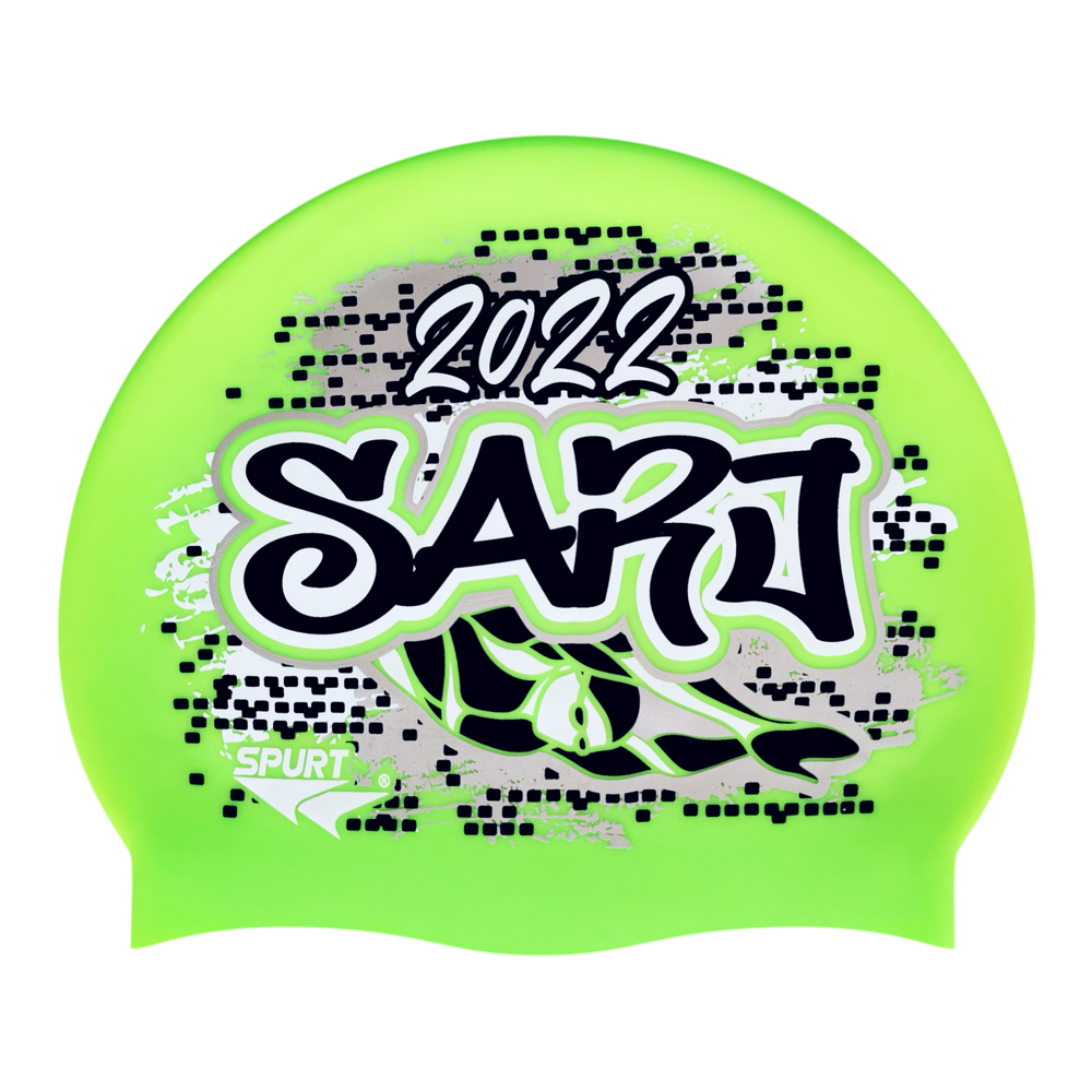 SARJ 2022 Graffiti and Diving Swimmer over Brushstrokes and Grunge with Black on F233 Neon Green Spurt Silicone Swim Cap