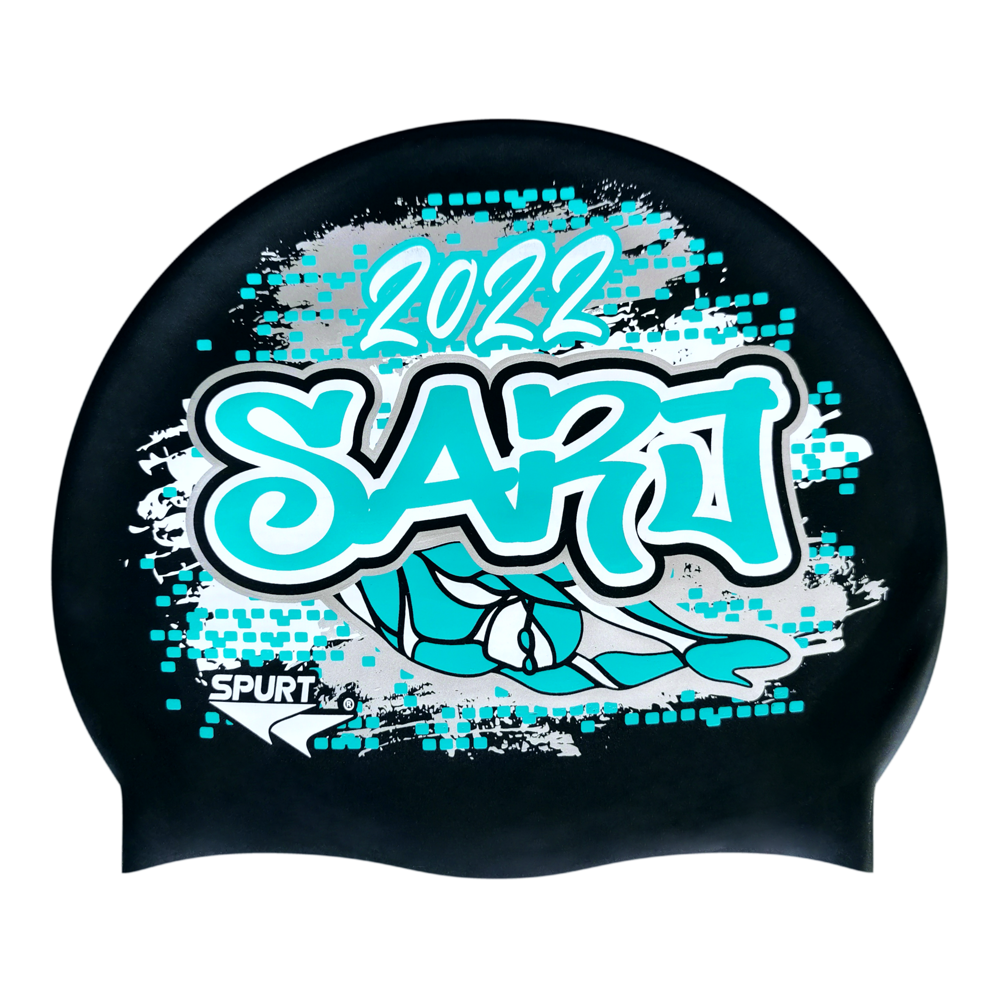 SARJ 2022 Graffiti and Diving Swimmer over Brushstrokes and Grunge with Aqua on SB14 Metallic Black Spurt Silicone Swim Cap