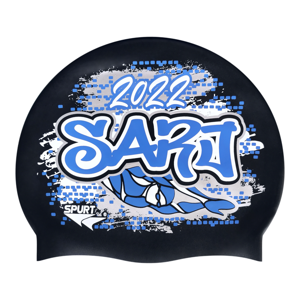 SARJ 2022 Graffiti and Diving Swimmer over Brushstrokes and Grunge with Blue on SB14 Metallic Black Spurt Silicone Swim Cap