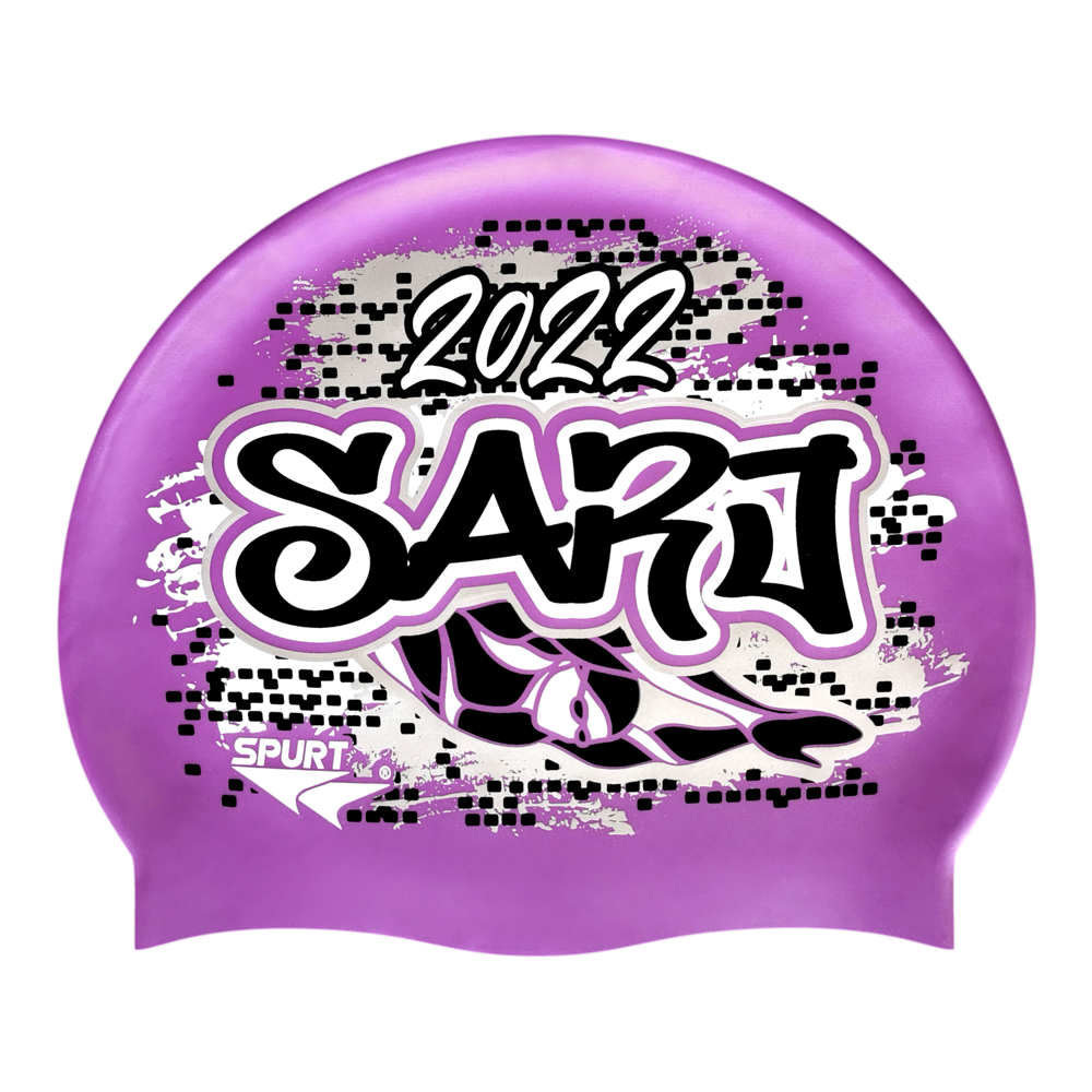 SARJ 2022 Graffiti and Diving Swimmer over Brushstrokes and Grunge with Black on SB18 Violet Spurt Silicone Swim Cap