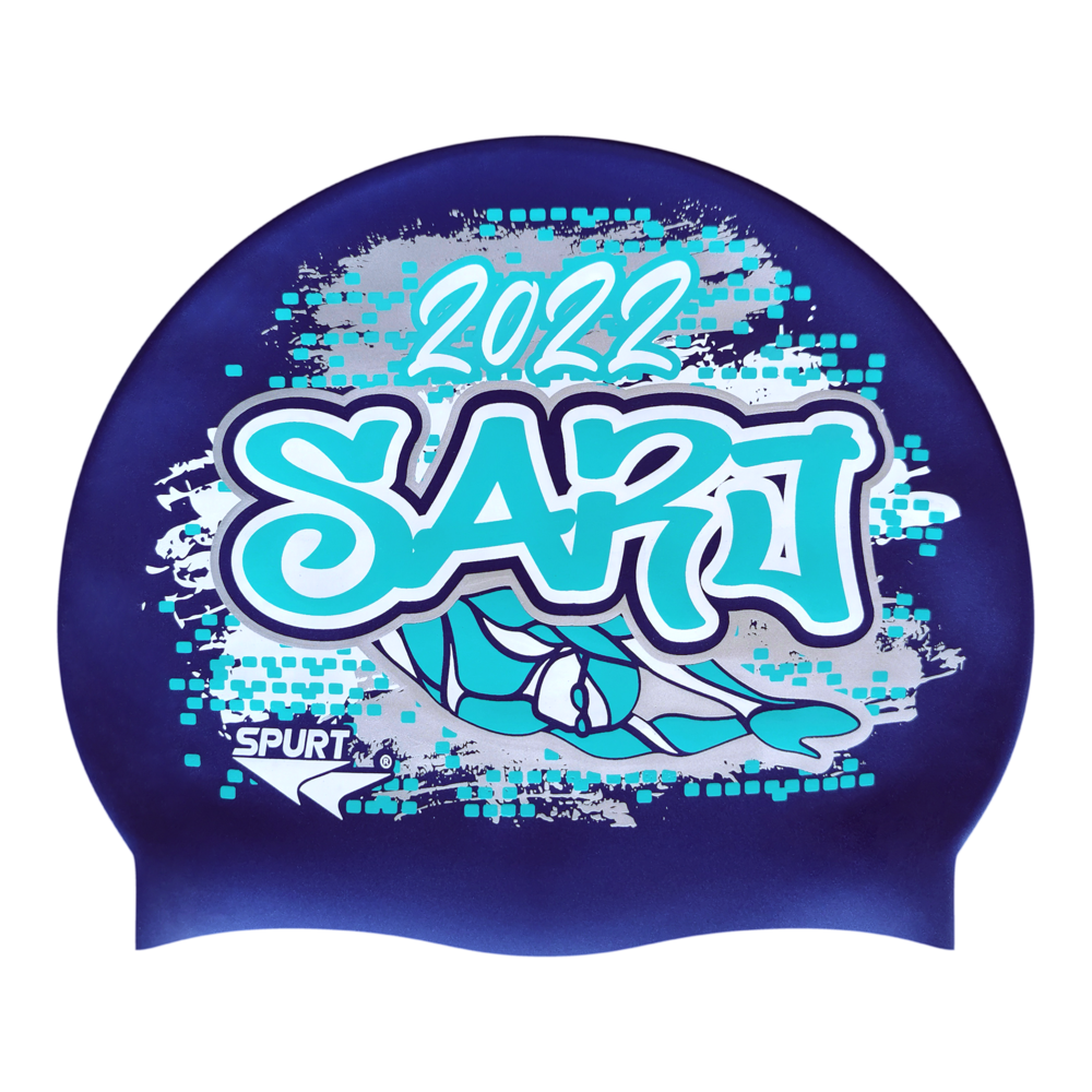 SARJ 2022 Graffiti and Diving Swimmer over Brushstrokes and Grunge with Aqua on SD16 Metallic Navy Spurt Silicone Swim Cap