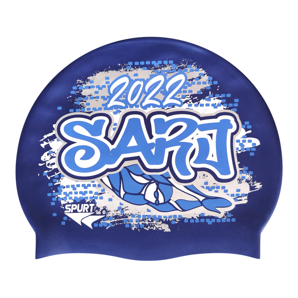 SARJ 2022 Graffiti and Diving Swimmer over Brushstrokes and Grunge with Blue on SD16 Metallic Navy Spurt Silicone Swim Cap