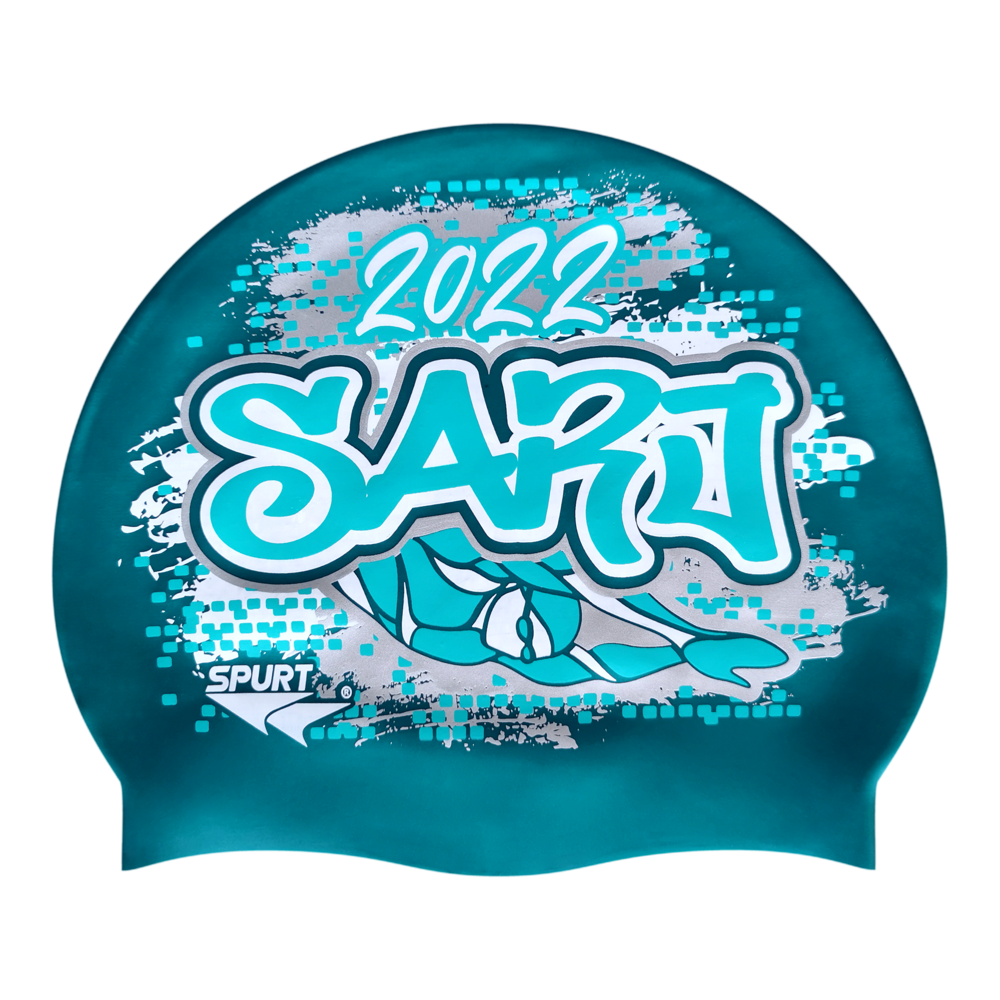 SARJ 2022 Graffiti and Diving Swimmer over Brushstrokes and Grunge with Aqua on SH82 Teal Spurt Silicone Swim Cap