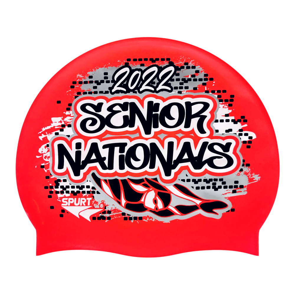 Senior Nationals 2022 Graffiti and Diving Swimmer over Brushstrokes and Grunge with Black on F214 Neon Coral Spurt Silicone Swim Cap