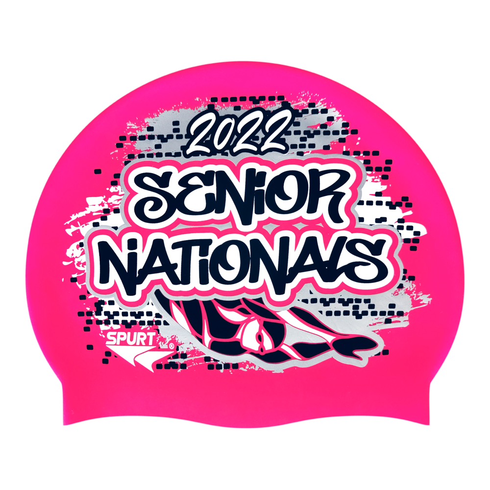 Senior Nationals 2022 Graffiti and Diving Swimmer over Brushstrokes and Grunge with Black on F215 Bright Pink Spurt Silicone Swim Cap