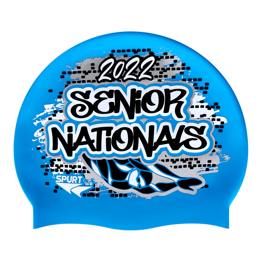 Senior Nationals 2022 Graffiti and Diving Swimmer over Brushstrokes and Grunge with Black on F218 Sky Blue Spurt Silicone Swim Cap