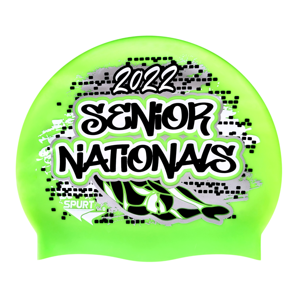 Senior Nationals 2022 Graffiti and Diving Swimmer over Brushstrokes and Grunge with Black on F233 Neon Green Spurt Silicone Swim Cap