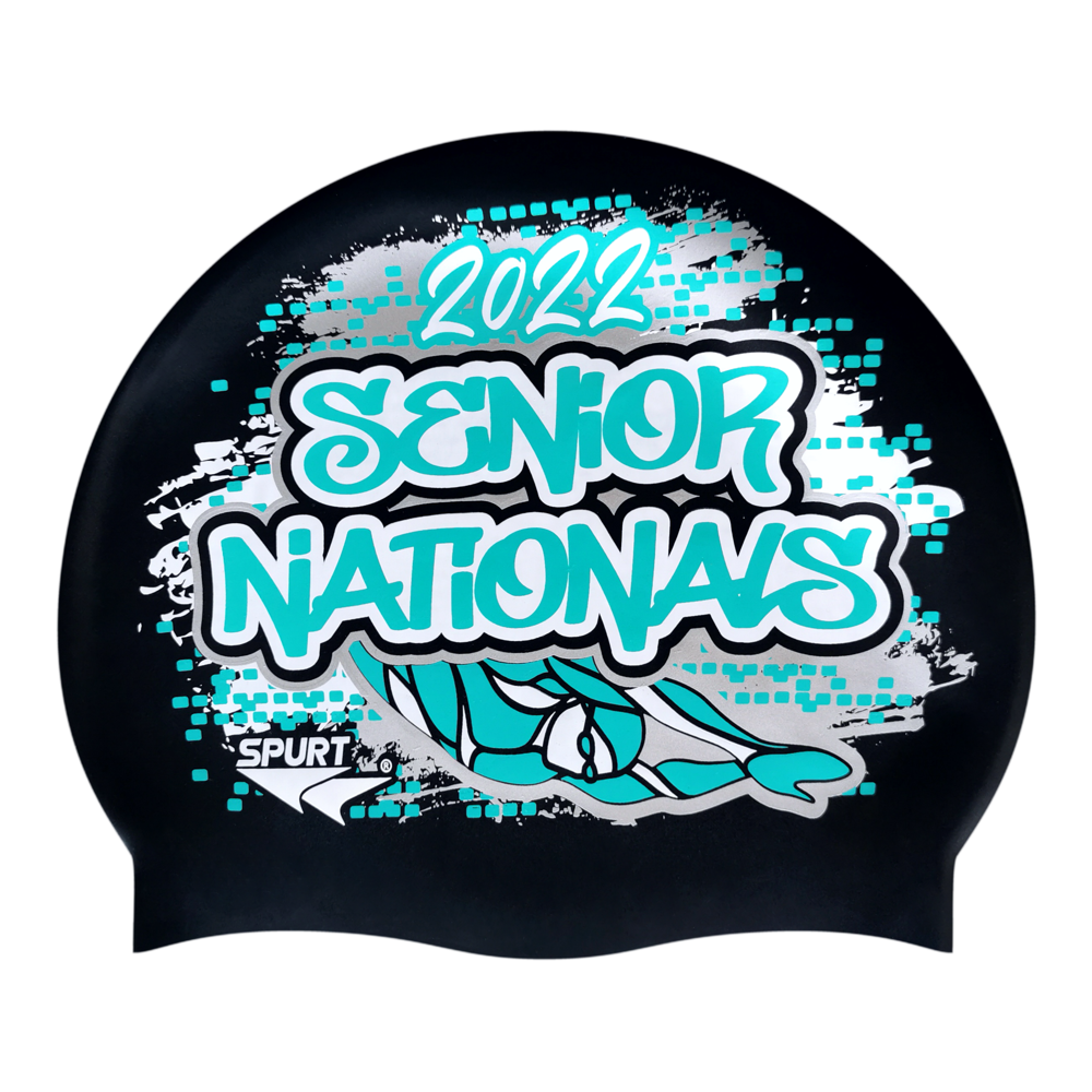 Senior Nationals 2022 Graffiti and Diving Swimmer over Brushstrokes and Grunge with Aqua on SB14 Metallic Black Spurt Silicone Swim Cap
