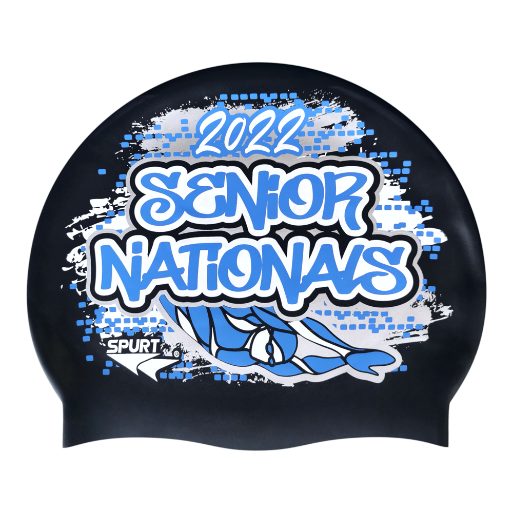 Senior Nationals 2022 Graffiti and Diving Swimmer over Brushstrokes and Grunge with Blue on SB14 Metallic Black Spurt Silicone Swim Cap