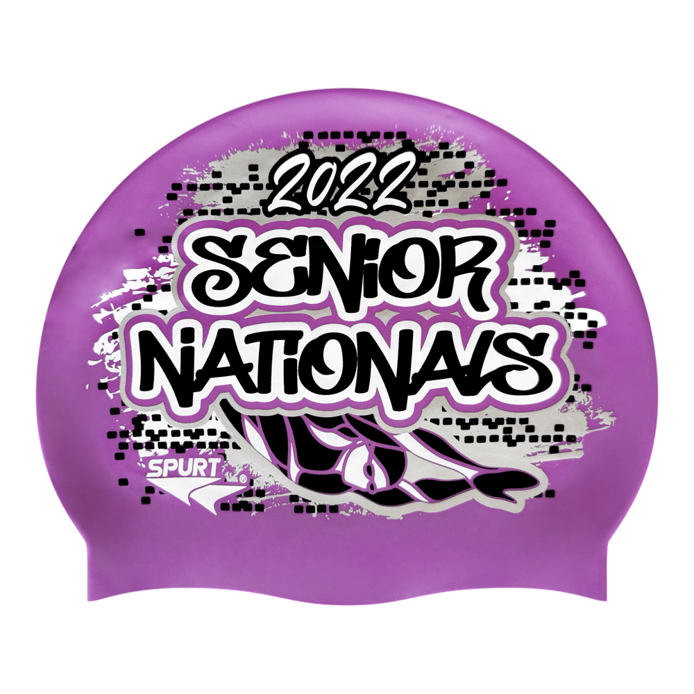 Senior Nationals 2022 Graffiti and Diving Swimmer over Brushstrokes and Grunge with Black on SB18 Violet Spurt Silicone Swim Cap