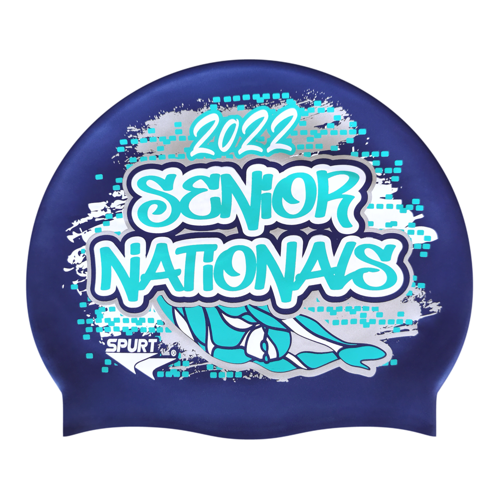 Senior Nationals 2022 Graffiti and Diving Swimmer over Brushstrokes and Grunge with Aqua on SD16 Metallic Navy Spurt Silicone Swim Cap