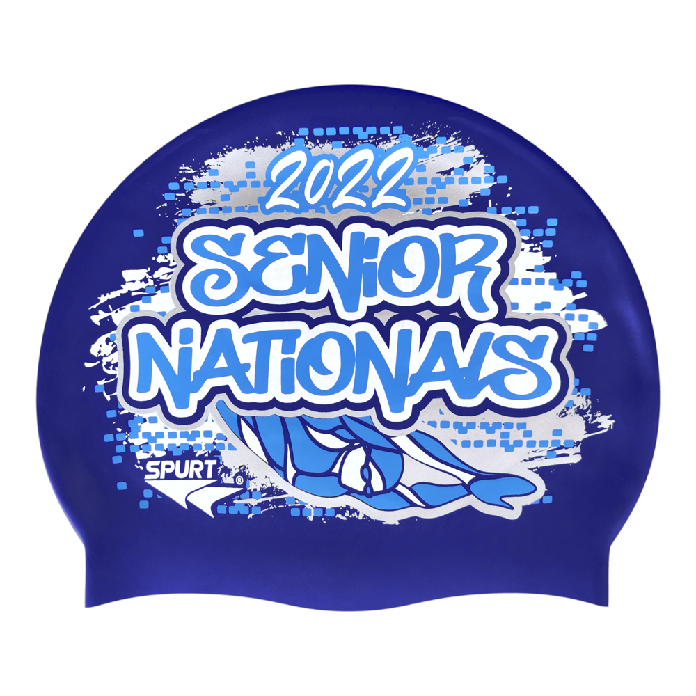 Senior Nationals 2022 Graffiti and Diving Swimmer over Brushstrokes and Grunge with Blue on SD16 Metallic Navy Spurt Silicone Swim Cap