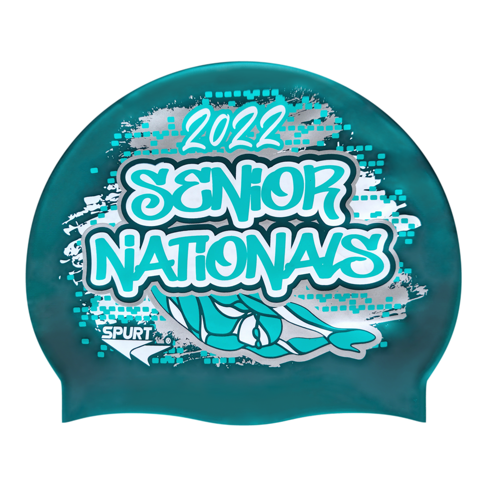 Senior Nationals 2022 Graffiti and Diving Swimmer over Brushstrokes and Grunge with Aqua on SH82 Teal Spurt Silicone Swim Cap