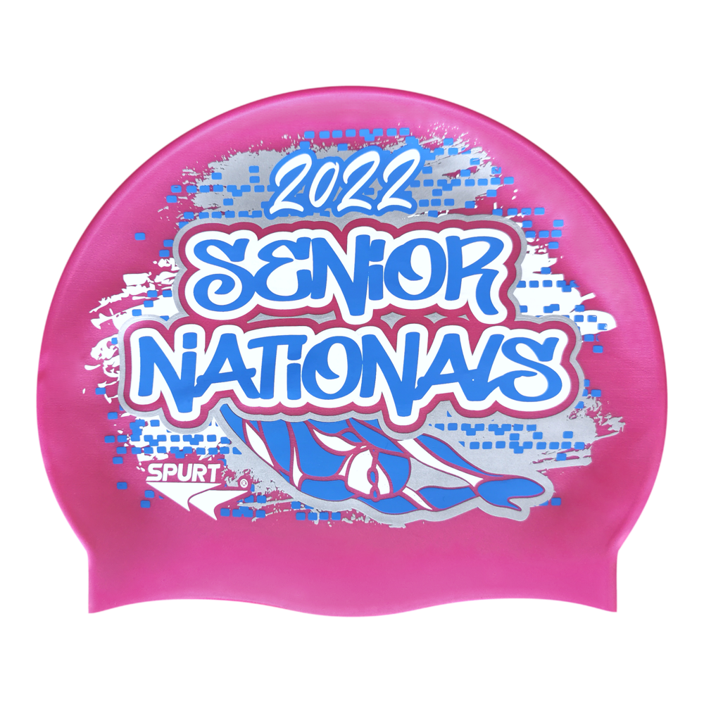 Senior Nationals 2022 Graffiti and Diving Swimmer over Brushstrokes and Grunge with Blue on SH87 Dark Pink Spurt Silicone Swim Cap