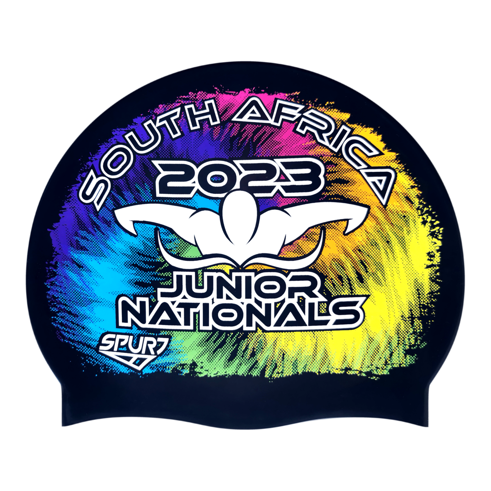 Junior Nationals 2023 Tie-dye behind Butterfly Swimmer on F209 Deep Black Spurt Silicone Swim Cap