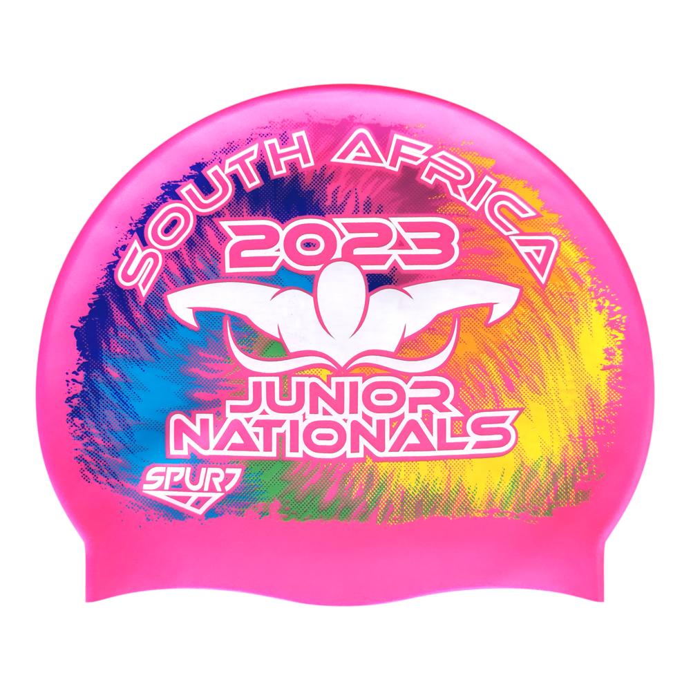 Junior Nationals 2023 Tie-dye behind Butterfly Swimmer on SC16 Neon Pink Spurt Silicone Swim Cap