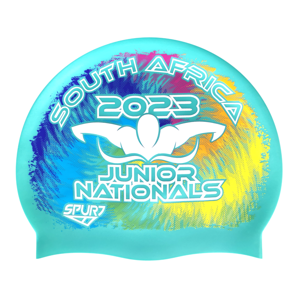 Junior Nationals 2023 Tie-dye behind Butterfly Swimmer on SD13 Pale Aquamarine Green Spurt Silicone Swim Cap