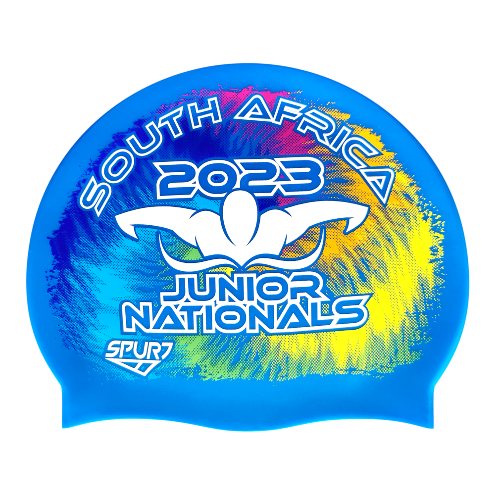 Junior Nationals 2023 Tie-dye behind Butterfly Swimmer on SH71 Ocean Blue Spurt Silicone Swim Cap