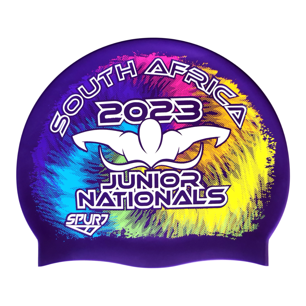 Junior Nationals 2023 Tie-dye behind Butterfly Swimmer on SH73 Royal Purple Spurt Silicone Swim Cap
