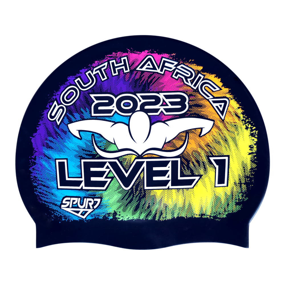 Level 1 2023 Tie-dye behind Butterfly Swimmer on F209 Deep Black Spurt Silicone Swim Cap