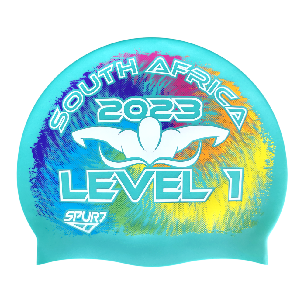 Level 1 2023 Tie-dye behind Butterfly Swimmer on SD13 Pale Aquamarine Green Spurt Silicone Swim Cap