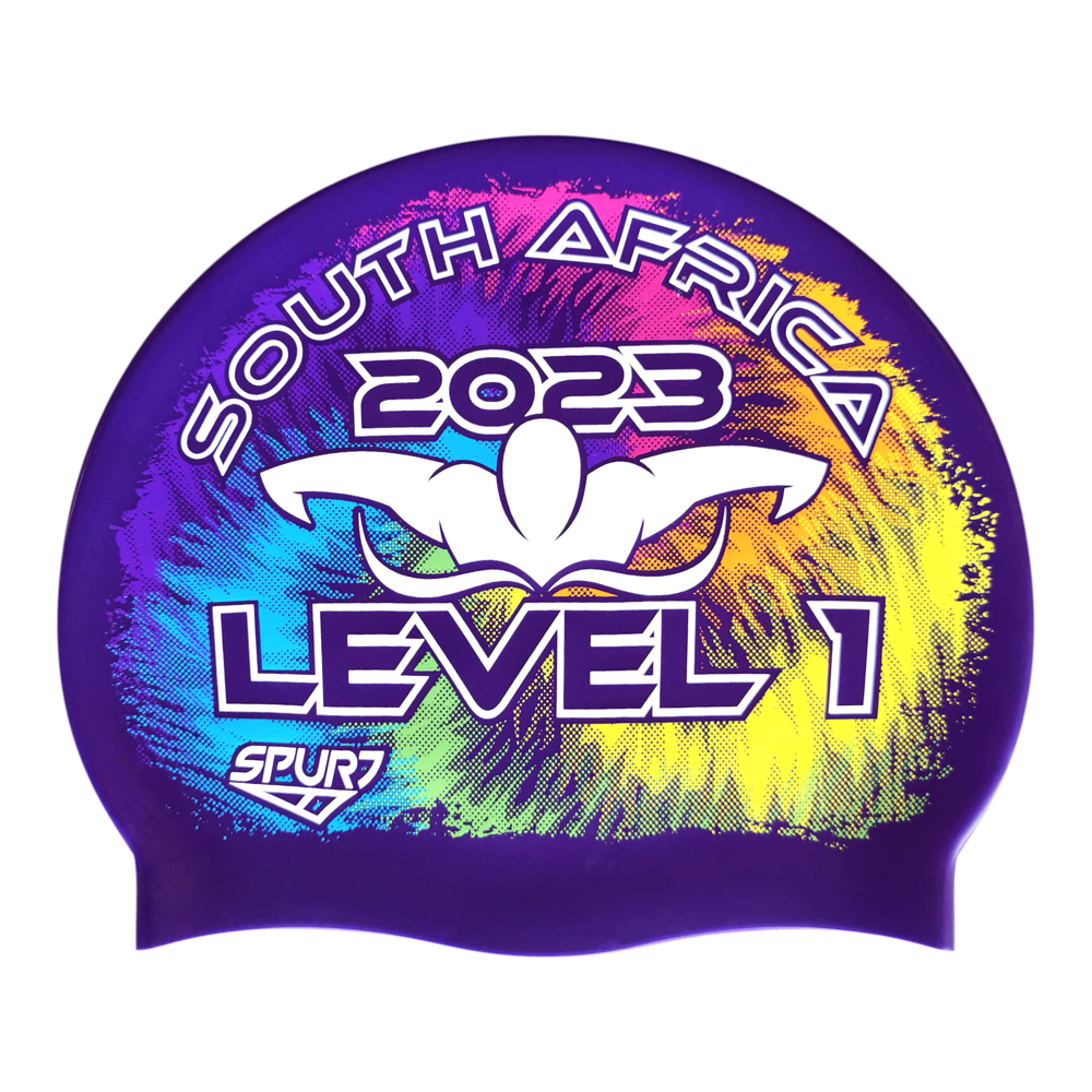Level 1 2023 Tie-dye behind Butterfly Swimmer on SH73 Royal Purple Spurt Silicone Swim Cap