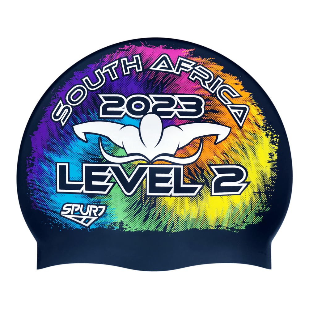 Level 2 2023 Tie-dye behind Butterfly Swimmer on Matte Black Spurt Silicone Swim Cap