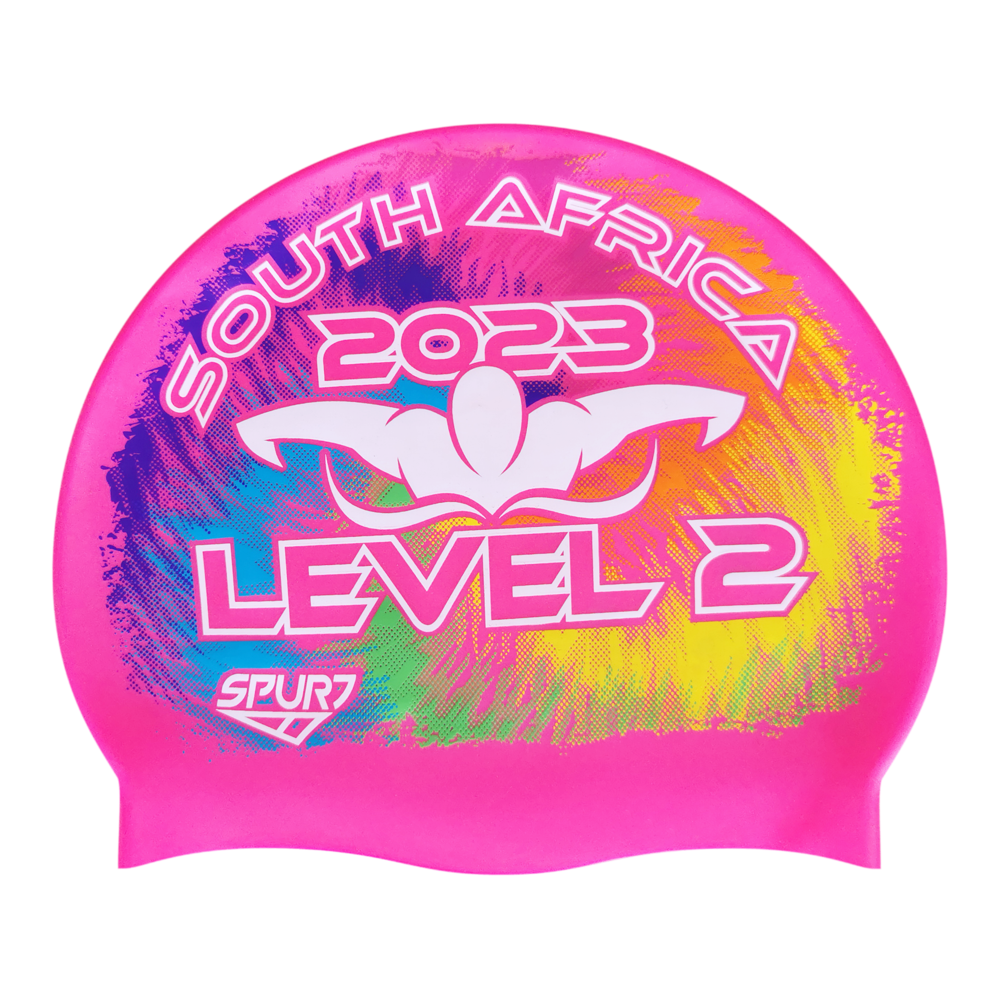 Level 2 2023 Tie-dye behind Butterfly Swimmer on SC16 Neon Pink Spurt Silicone Swim Cap