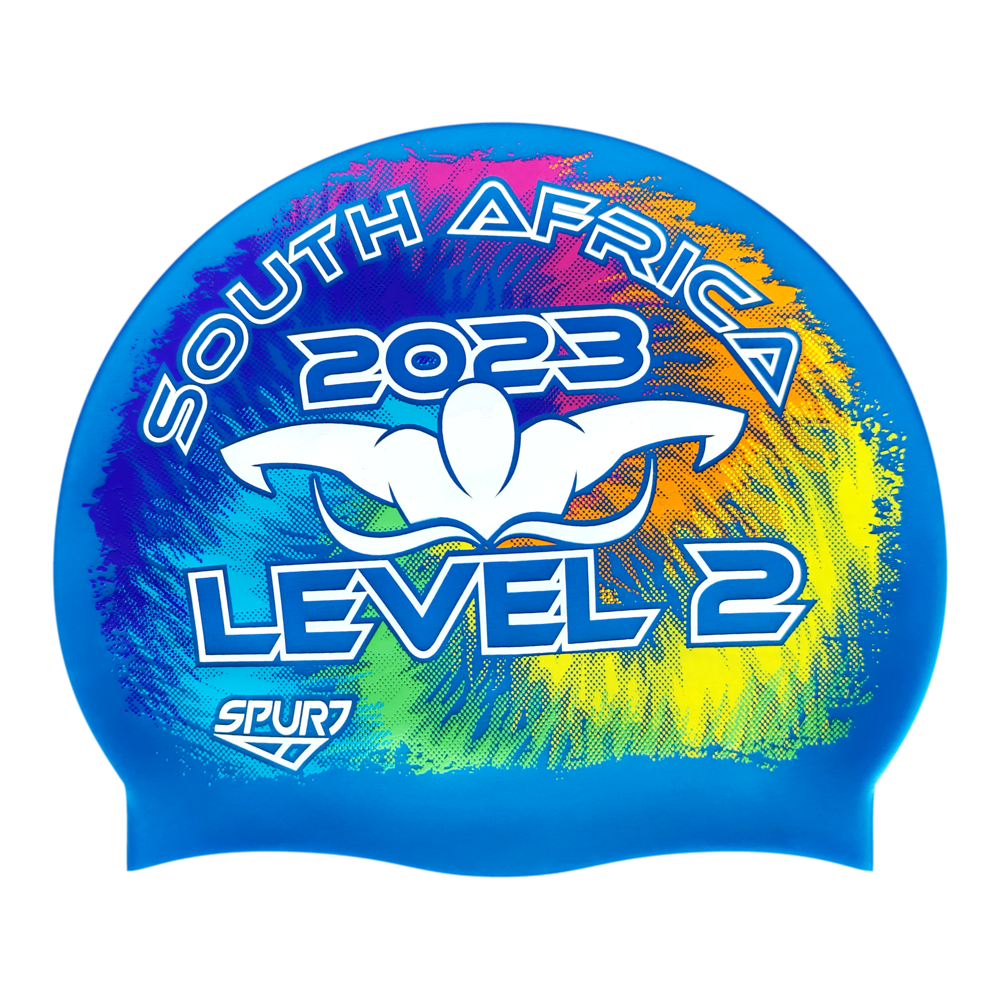 Level 2 2023 Tie-dye behind Butterfly Swimmer on SH71 Ocean Blue Spurt Silicone Swim Cap