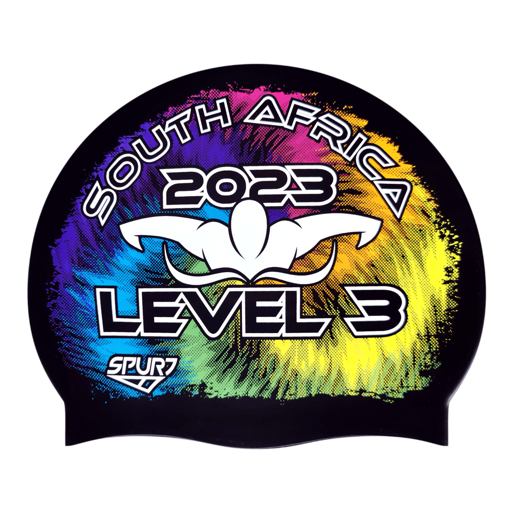 Level 3 2023 Tie-dye behind Butterfly Swimmer on F209 Deep Black Spurt Silicone Swim Cap