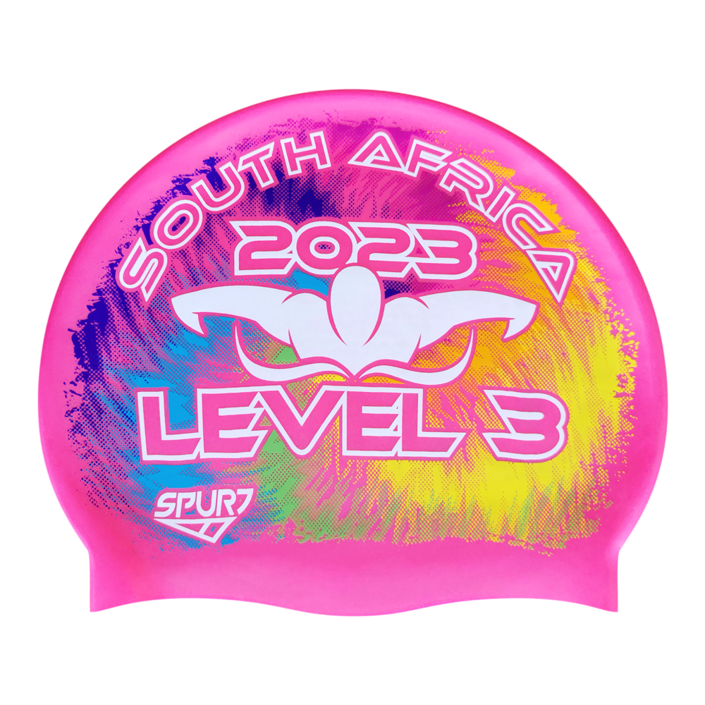Level 3 2023 Tie-dye behind Butterfly Swimmer on SC16 Neon Pink Spurt Silicone Swim Cap