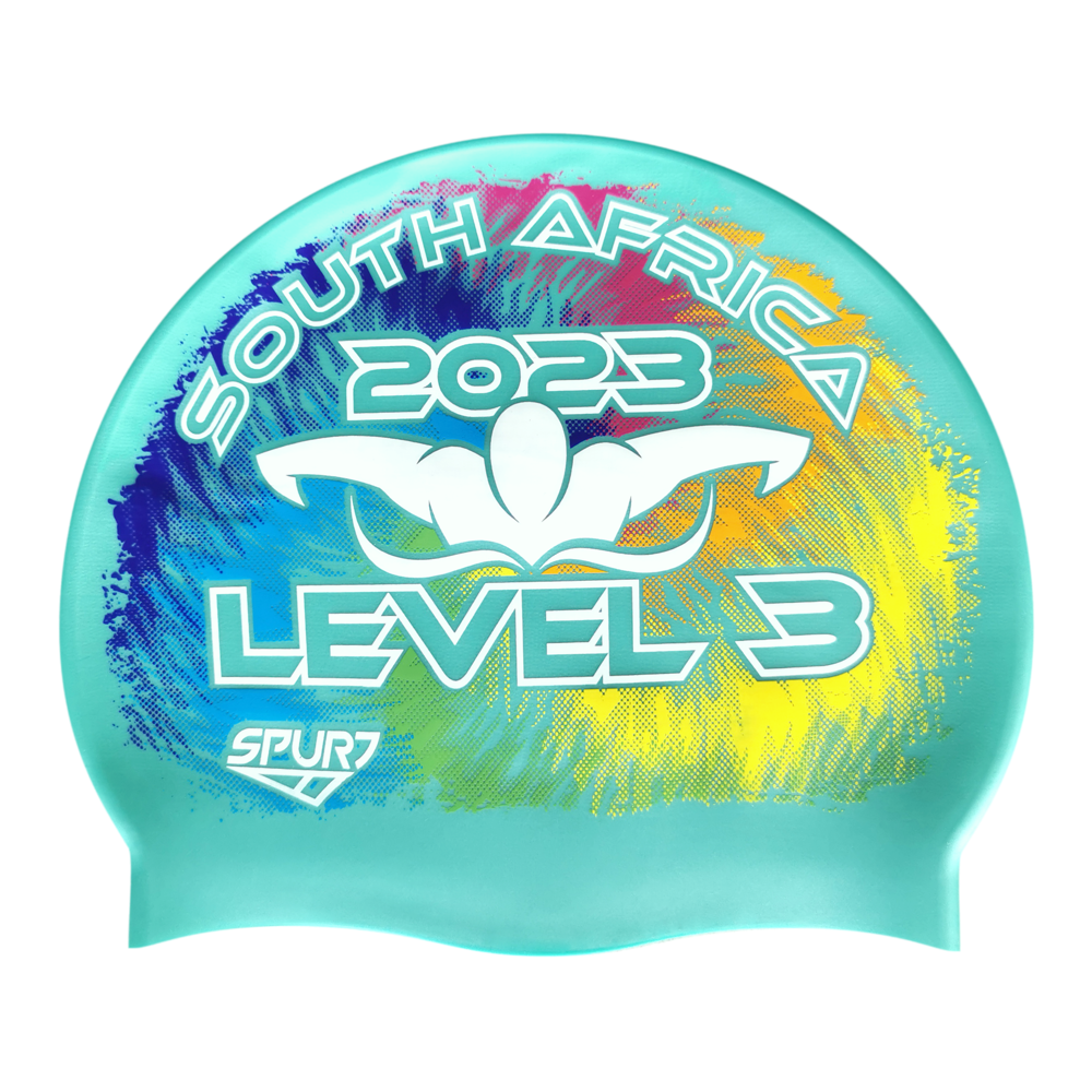 Level 3 2023 Tie-dye behind Butterfly Swimmer on SD13 Pale Aquamarine Green Spurt Silicone Swim Cap