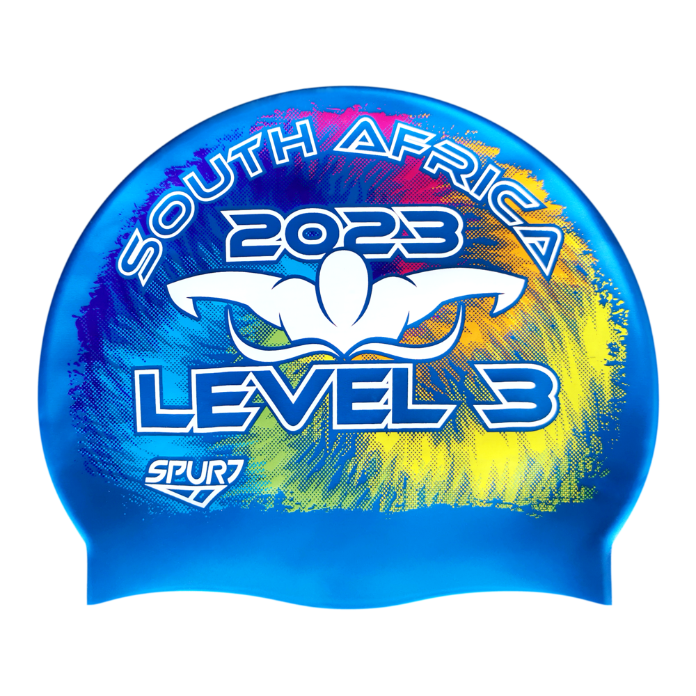 Level 3 2023 Tie-dye behind Butterfly Swimmer on SH71 Ocean Blue Spurt Silicone Swim Cap