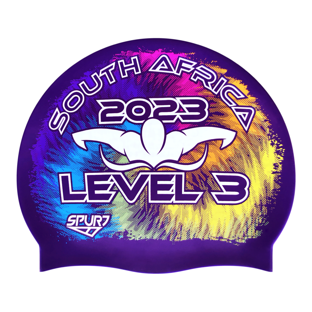 Level 3 2023 Tie-dye behind Butterfly Swimmer on SH73 Royal Purple Spurt Silicone Swim Cap