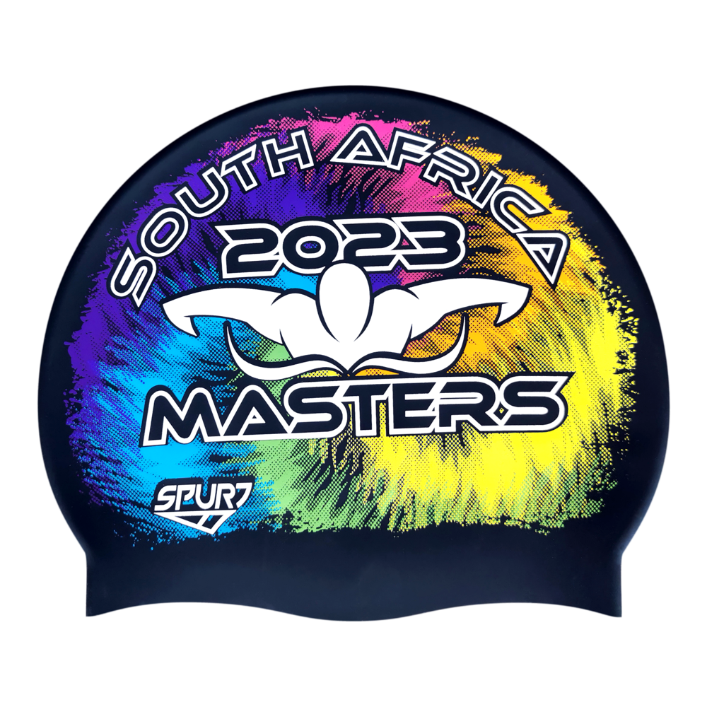Masters 2023 Tie-dye behind Butterfly Swimmer on Matte Black Spurt Silicone Swim Cap