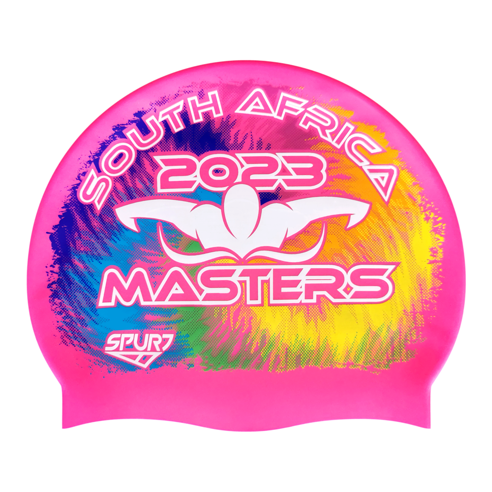 Masters 2023 Tie-dye behind Butterfly Swimmer on SC16 Neon Pink Spurt Silicone Swim Cap