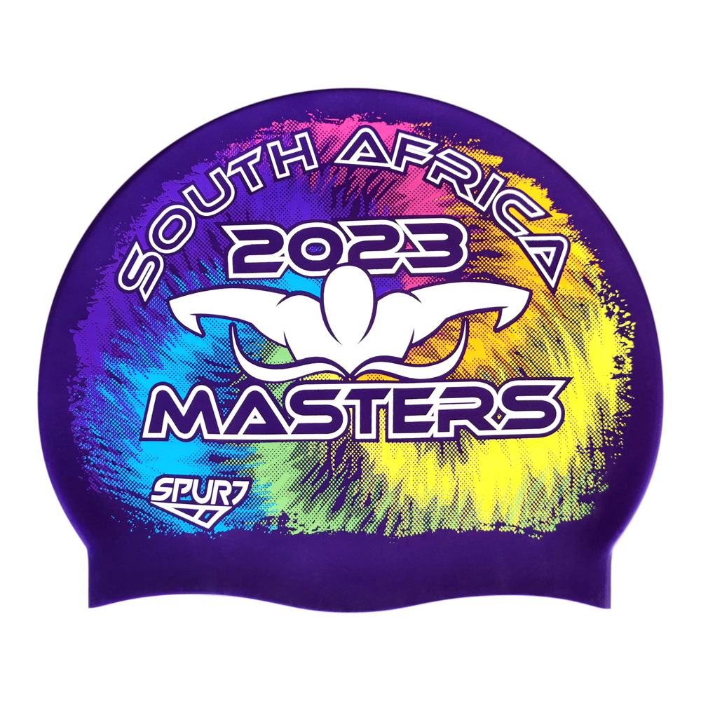 Masters 2023 Tie-dye behind Butterfly Swimmer on SH73 Royal Purple Spurt Silicone Swim Cap