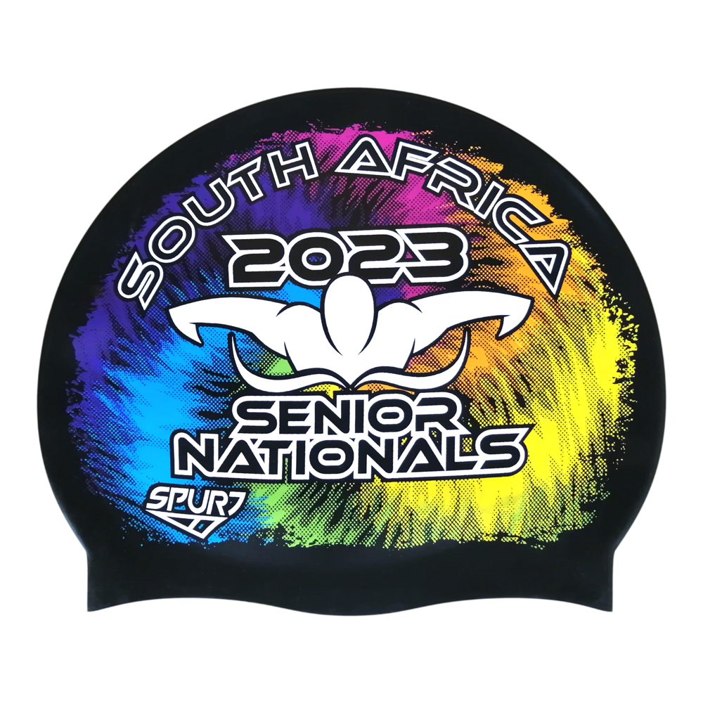 Senior Nationals 2023 Tie-dye behind Butterfly Swimmer on F209 Deep Black Spurt Silicone Swim Cap