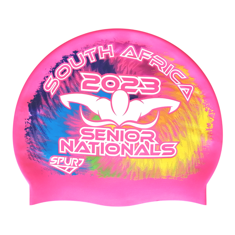 Senior Nationals 2023 Tie-dye behind Butterfly Swimmer on SC16 Neon Pink Spurt Silicone Swim Cap