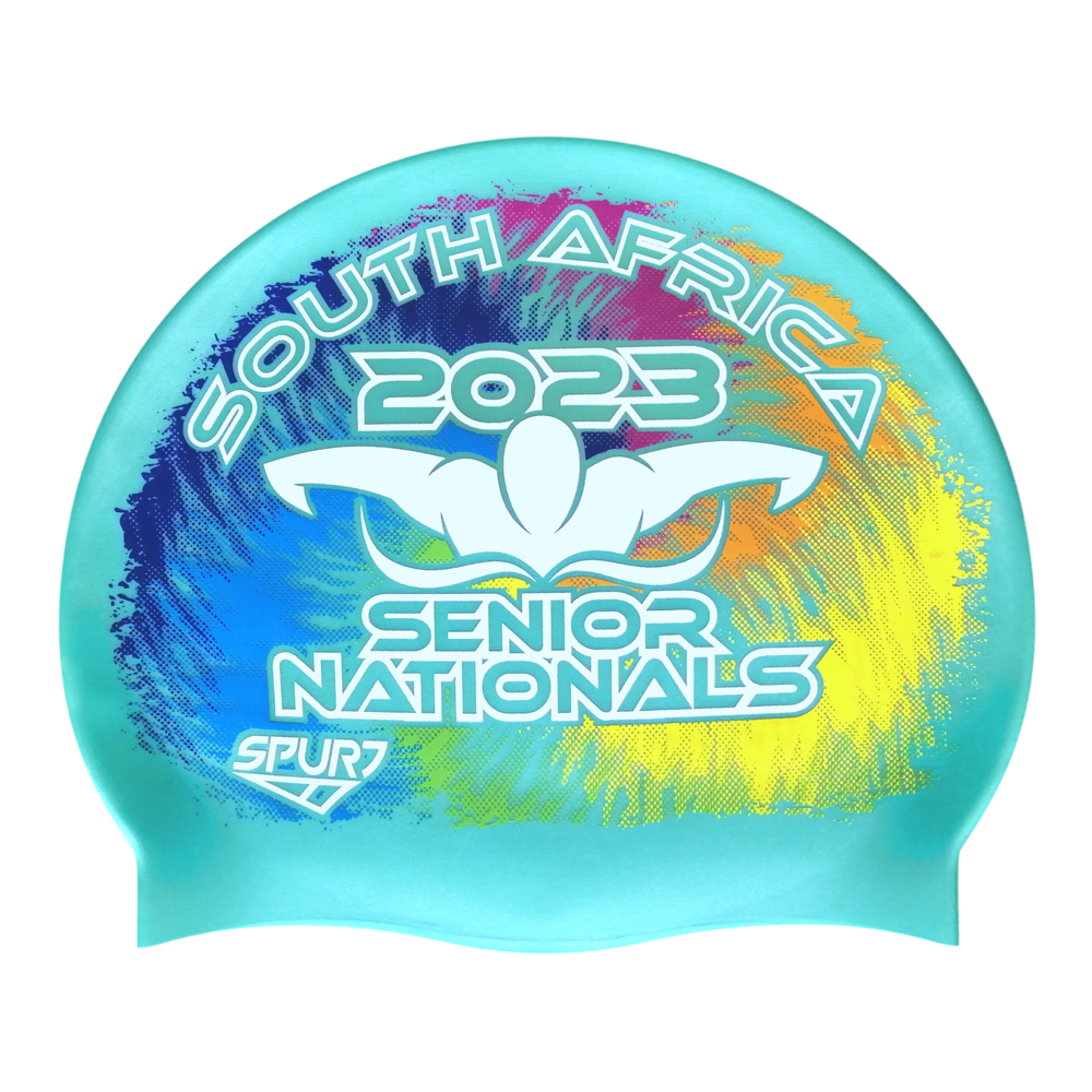 Senior Nationals 2023 Tie-dye behind Butterfly Swimmer on SD13 Pale Aquamarine Green Spurt Silicone Swim Cap