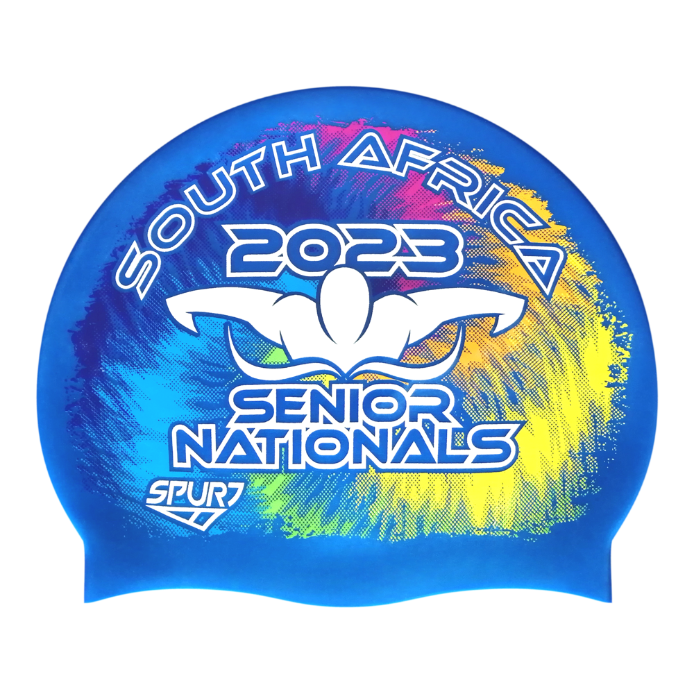 Senior Nationals 2023 Tie-dye behind Butterfly Swimmer on SH71 Ocean Blue Spurt Silicone Swim Cap