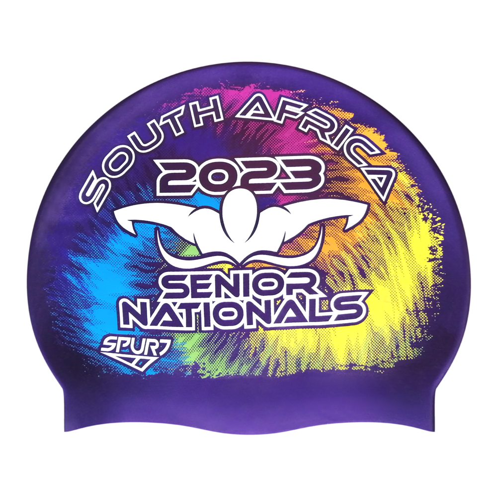 Senior Nationals 2023 Tie-dye behind Butterfly Swimmer on SH73 Royal Purple Spurt Silicone Swim Cap