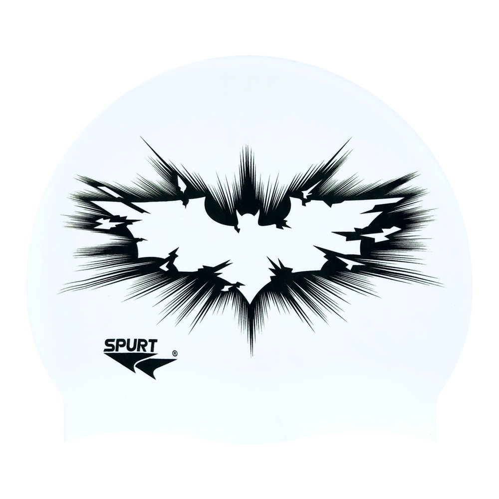 Bat Silhouette Fractured in Black on F211 Cool White Spurt Silicone Swim Cap