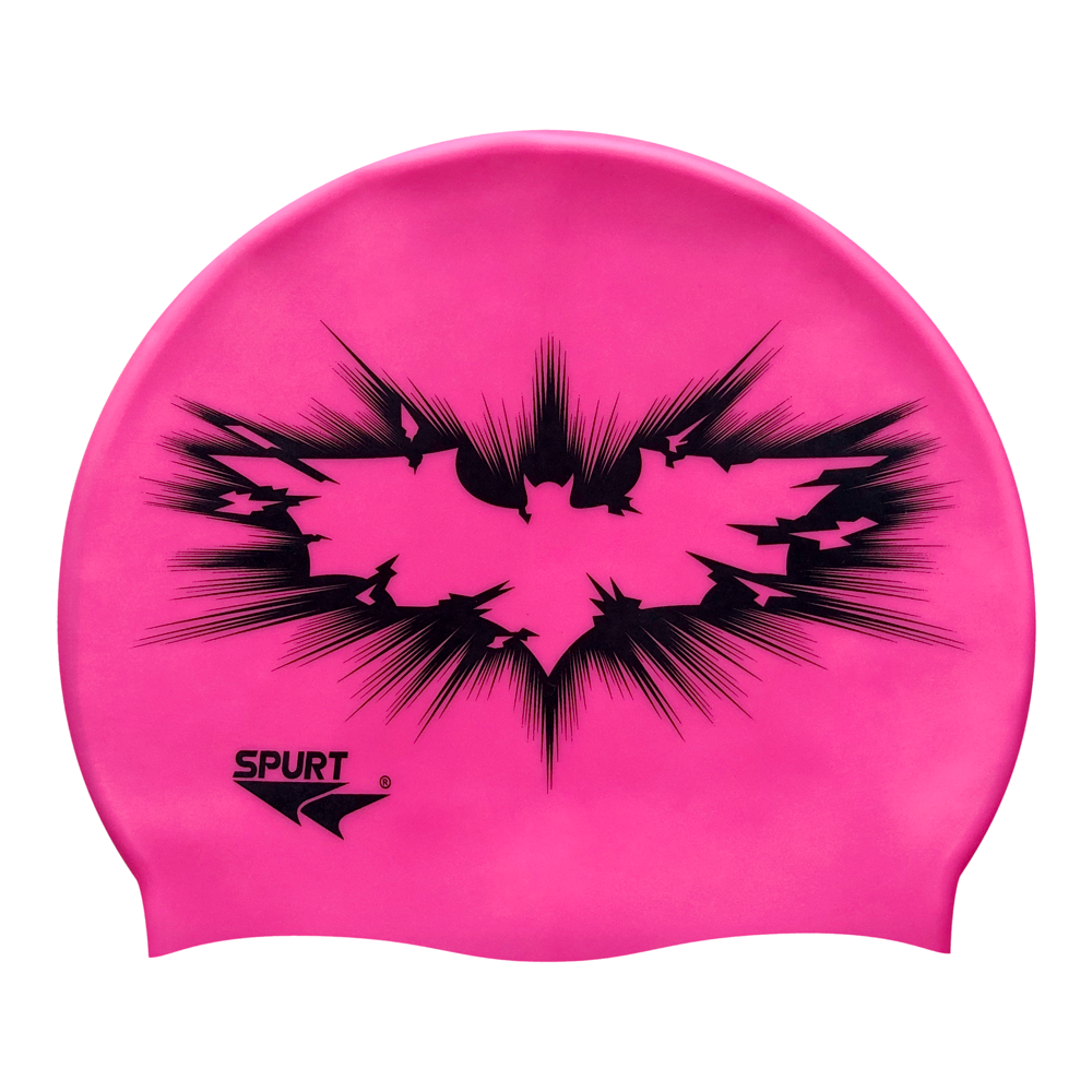 Bat Silhouette Fractured in Black on SC16 Neon Pink Spurt Silicone Swim Cap